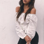 White Women's Long Sleeve  Black Casual V-Neck Floral Printing T-Shirt Tops