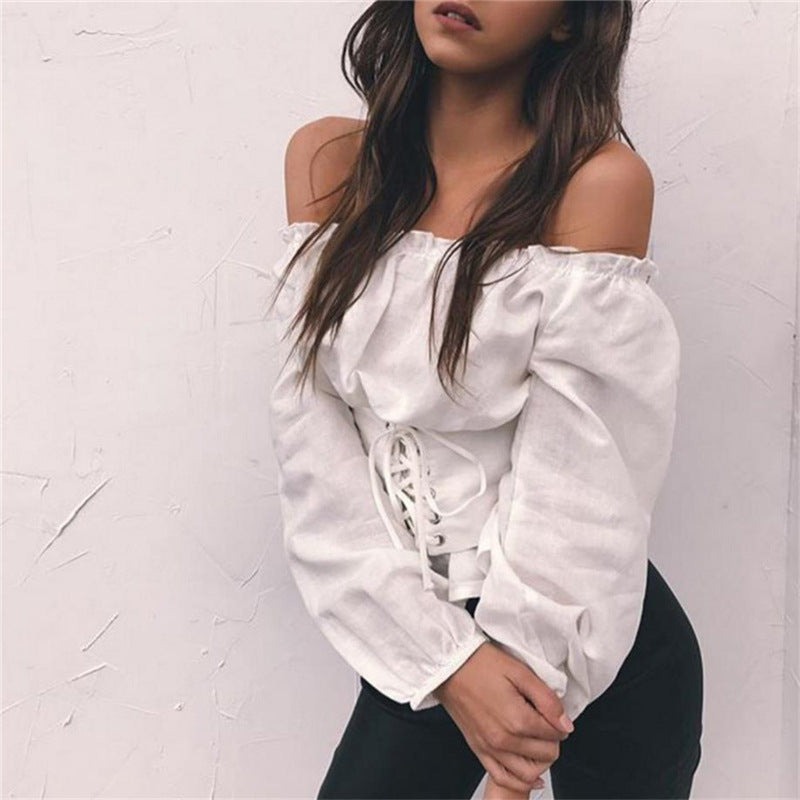 CEBL019_1 White Women's Long Sleeve Black Casual V-Neck Floral Printing T-Shirt Tops - Image 1