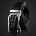 Black & Silver Adjustable Ratchet Slide Buckle Belt for Men - Genuine Leather Automatic Belt with No - Celino Corp.