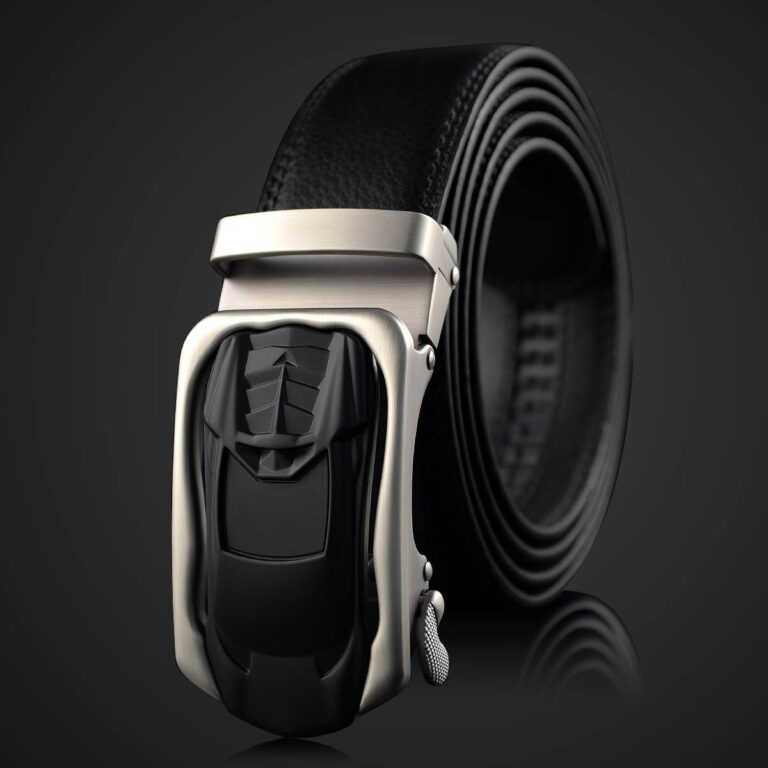 Black & Silver Adjustable Ratchet Slide Buckle Belt for Men - Genuine Leather Automatic Belt with No - Celino Corp.
