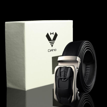 Black & Silver Adjustable Ratchet Slide Buckle Belt for Men - Genuine Leather Automatic Belt with No - Celino Corp.