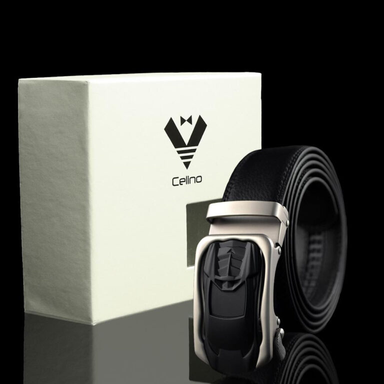 Black & Silver Adjustable Ratchet Slide Buckle Belt for Men - Genuine Leather Automatic Belt with No - Celino Corp.
