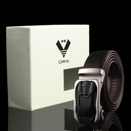 Black & Silver Adjustable Ratchet Slide Buckle Belt for Men - Genuine Leather Automatic Belt with No