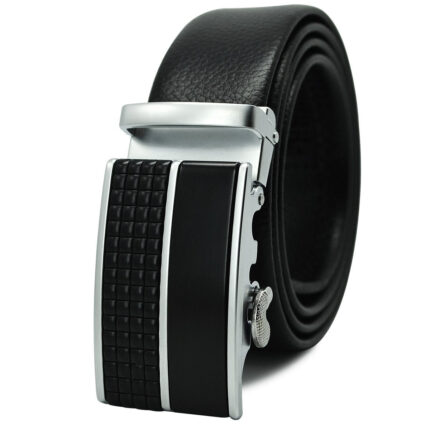 Black & Silver Adjustable Ratchet Slide Buckle Belt for Men - Genuine Leather Automatic Belt with No - Celino Corp.
