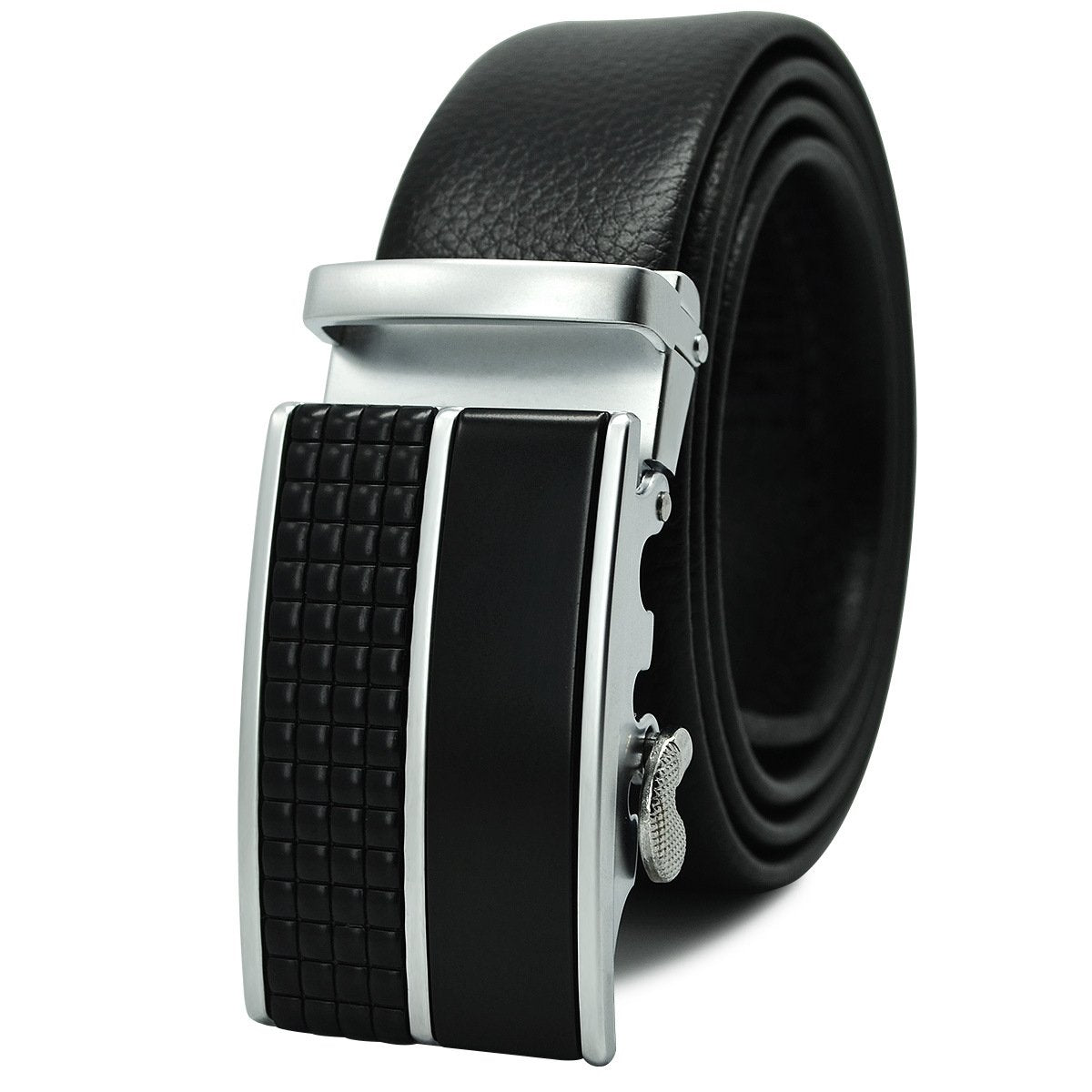CEBL023 Black & Silver Adjustable Ratchet Slide Buckle Belt for Men - Genuine Leather Automatic Belt with No - Celino Corp.