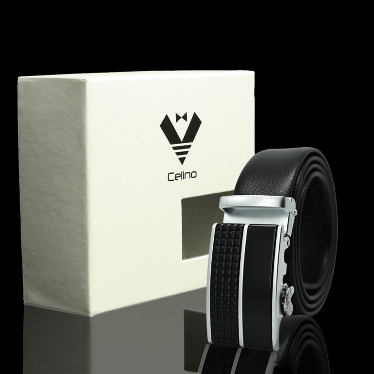 Black & Silver Adjustable Ratchet Slide Buckle Belt for Men - Genuine Leather Automatic Belt with No - Celino Corp.