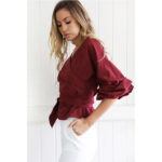 Burgundy Women's Long Sleeve  Black Casual V-Neck Floral Printing T-Shirt Tops - Image 2