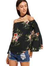Black Women's Long Sleeve  Black Casual V-Neck Floral Printing T-Shirt Tops - Image 6