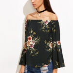 Black Women's Long Sleeve  Black Casual V-Neck Floral Printing T-Shirt Tops