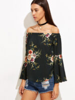 Black Women's Long Sleeve  Black Casual V-Neck Floral Printing T-Shirt Tops