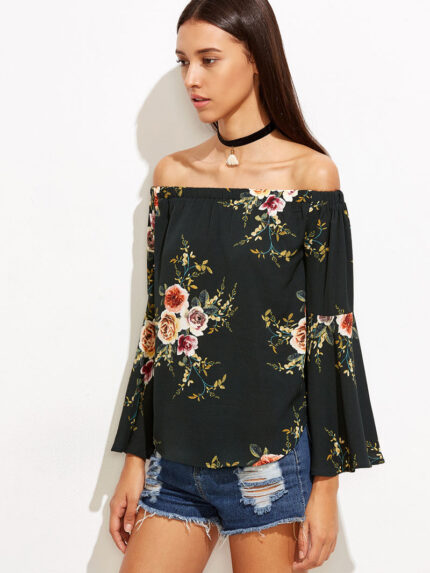Black Women's Long Sleeve  Black Casual V-Neck Floral Printing T-Shirt Tops