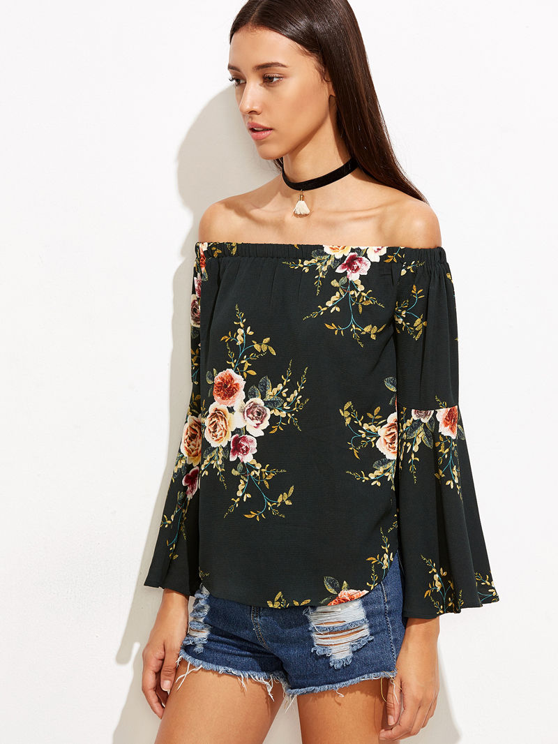 CEBL02_1 Black Women's Long Sleeve Black Casual V-Neck Floral Printing T-Shirt Tops - Image 1