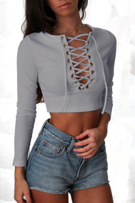 CEBL030_-1 Gray Women's Long Sleeve Black Casual V-Neck Floral Printing T-Shirt Tops - Celino Corp.