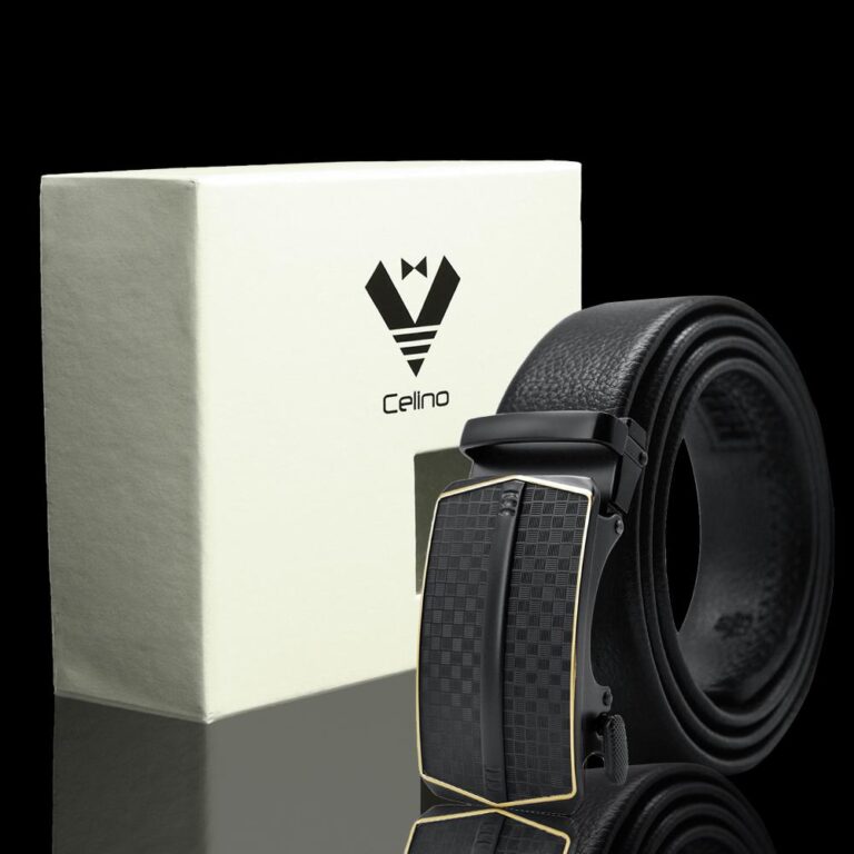 Black & Gold Adjustable Ratchet Slide Buckle Belt for Men - Genuine Leather Automatic Belt with No - Celino Corp.