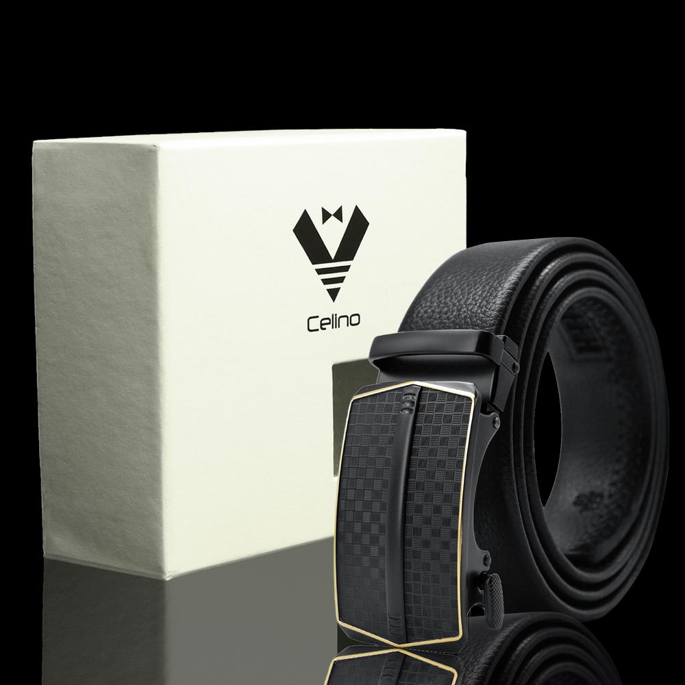 CEBL030_2 Black & Gold Adjustable Ratchet Slide Buckle Belt for Men - Genuine Leather Automatic Belt with No - Celino Corp.