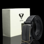 Black Adjustable Ratchet Slide Buckle Belt for Men - Genuine Leather Automatic Belt with No - Image 2