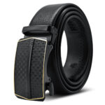 Black Adjustable Ratchet Slide Buckle Belt for Men - Genuine Leather Automatic Belt with No