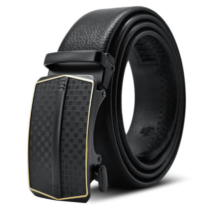 Black Adjustable Ratchet Slide Buckle Belt for Men - Genuine Leather Automatic Belt with No