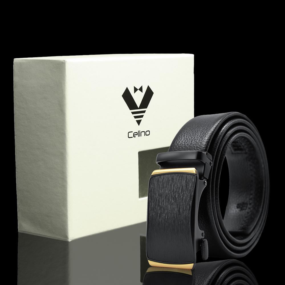 CEBL031_2 Black & Gold Adjustable Ratchet Slide Buckle Belt for Men - Genuine Leather Automatic Belt with No - Image 1
