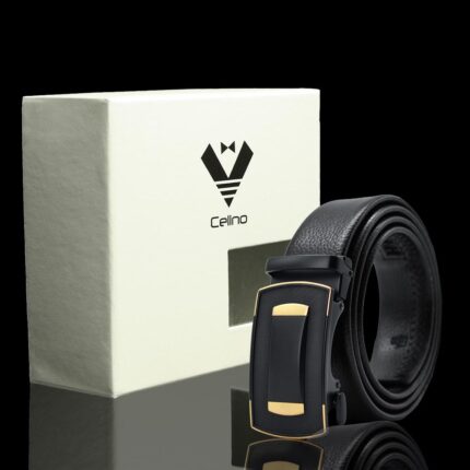 Black & Gold Adjustable Ratchet Slide Buckle Belt for Men - Genuine Leather Automatic Belt with No - Celino Corp.