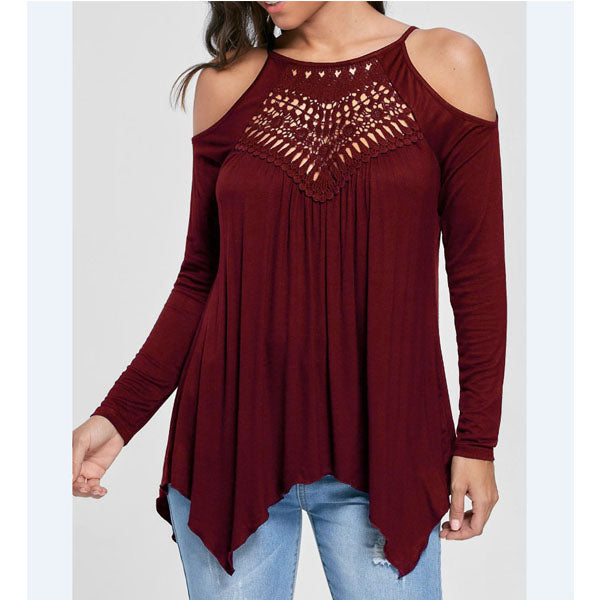 Burgundy Women's Long Sleeve  Black Casual V-Neck Floral Printing T-Shirt Tops - Celino Corp.