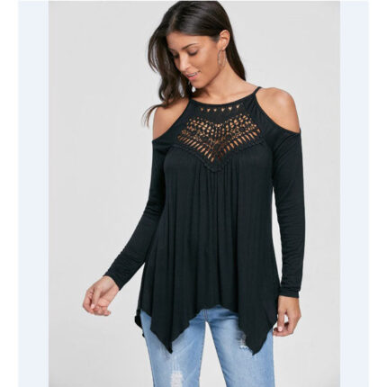 Black Women's Long Sleeve  Black Casual V-Neck Floral Printing T-Shirt Tops