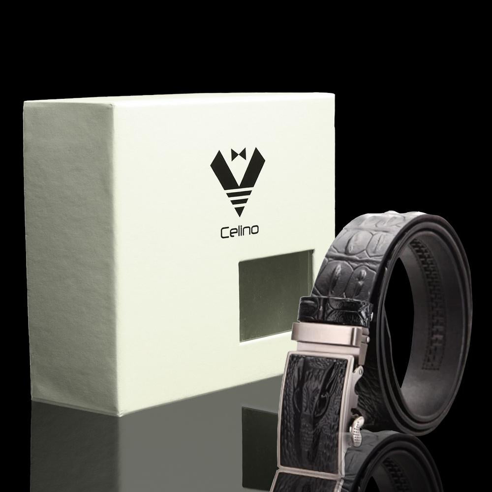 CEBL035_2 Black Alligator Adjustable Ratchet Slide Buckle Belt for Men - Genuine Leather Automatic Belt with - Celino Corp.