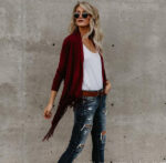 Burgundy Women's Long Sleeve  Black Casual V-Neck Floral Printing T-Shirt Tops - Celino Corp.