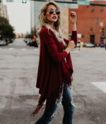Burgundy Women's Long Sleeve  Black Casual V-Neck Floral Printing T-Shirt Tops - Celino Corp.