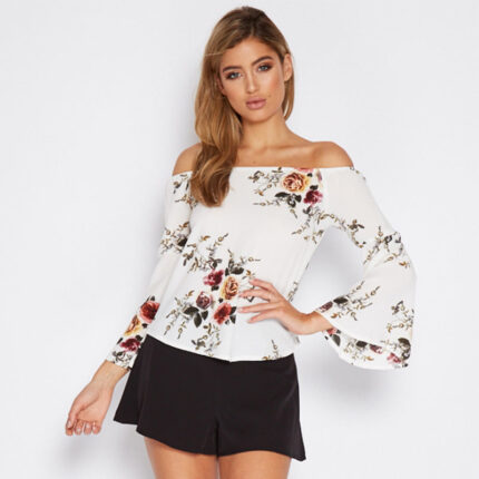 White Women's Long Sleeve  Black Casual V-Neck Floral Printing T-Shirt Tops