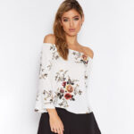 White Women's Long Sleeve  Black Casual V-Neck Floral Printing T-Shirt Tops - Image 3
