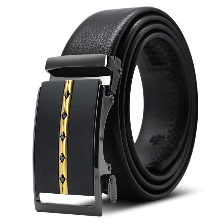 Black & Gold Adjustable Ratchet Slide Buckle Belt for Men - Genuine Leather Automatic Belt with No - Celino Corp.