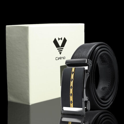 Black & Gold Adjustable Ratchet Slide Buckle Belt for Men - Genuine Leather Automatic Belt with No - Celino Corp.