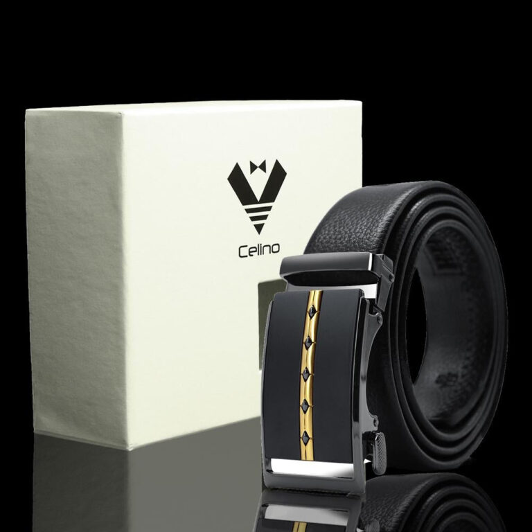 Black & Gold Adjustable Ratchet Slide Buckle Belt for Men - Genuine Leather Automatic Belt with No - Celino Corp.
