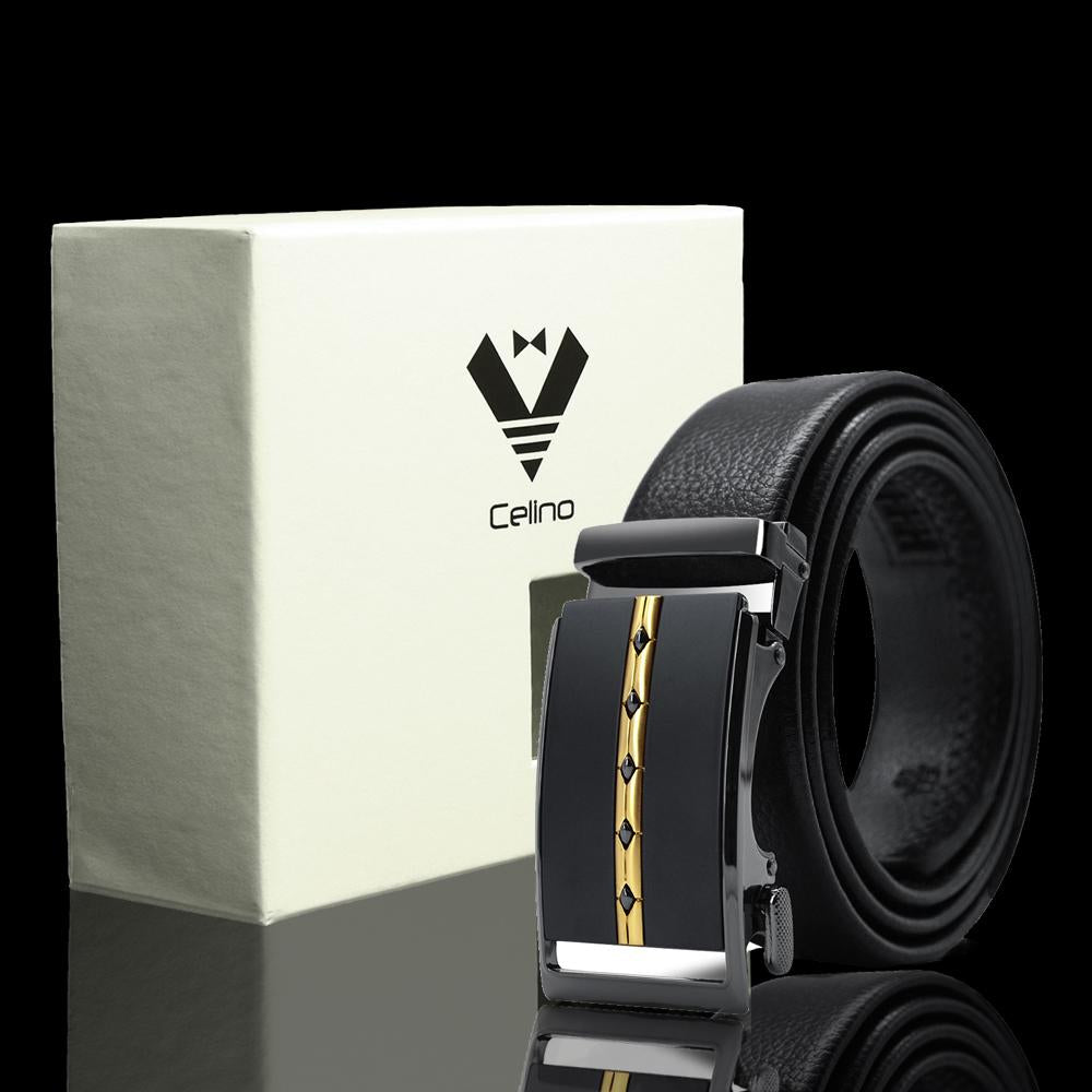 CEBL041_2 Black & Gold Adjustable Ratchet Slide Buckle Belt for Men - Genuine Leather Automatic Belt with No - Celino Corp.