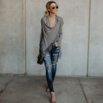 Gray Women's Long Sleeve  Black Casual V-Neck Floral Printing T-Shirt Tops - Image 3