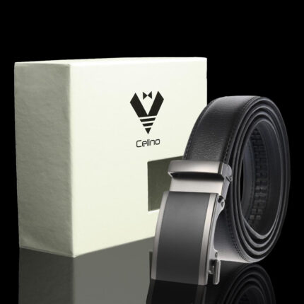Black Silver Buckle & Black Belt Adjustable Ratchet Slide Buckle Belt for Men - Genuine Leather