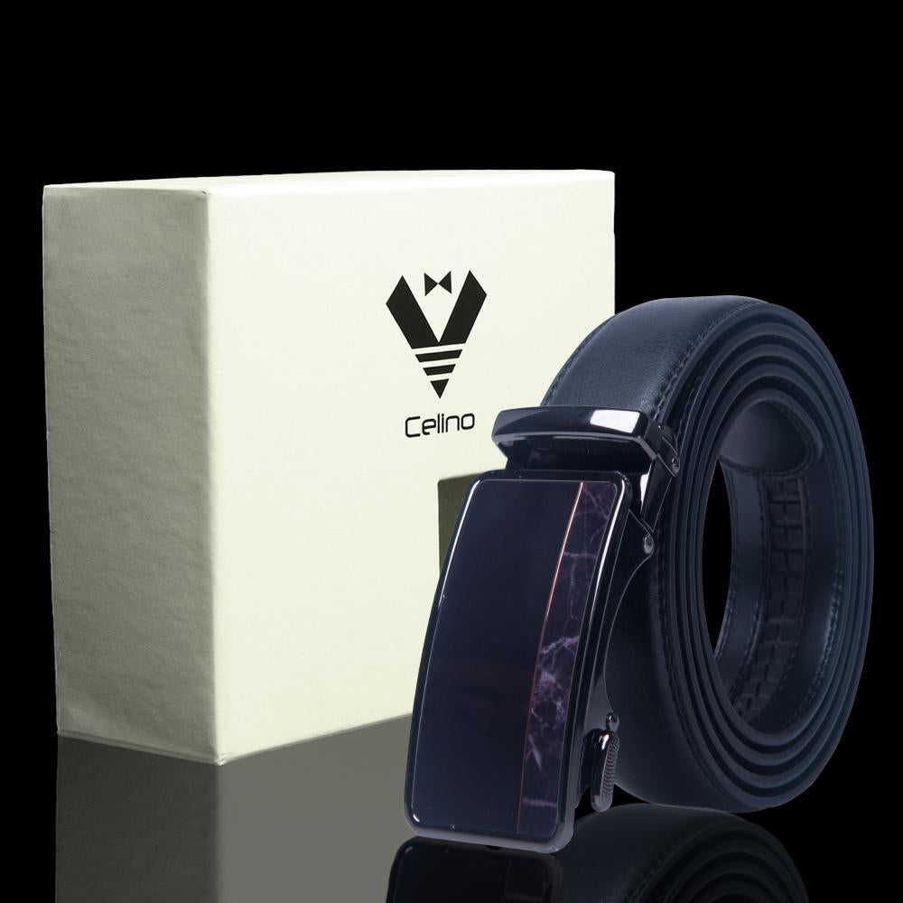 CEBL049_2 Black Matte Adjustable Ratchet Slide Buckle Belt for Men - Genuine Leather Automatic Belt with No - Celino Corp.
