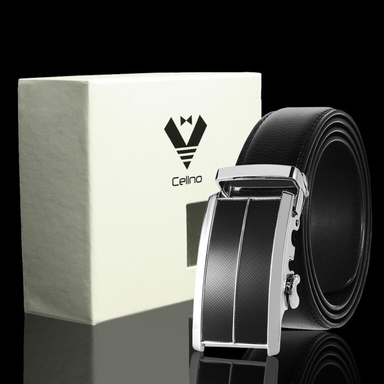 Black & Silver Buckle & Black Belt Adjustable Ratchet Slide Buckle Belt for Men - Genuine Leather - Celino Corp.
