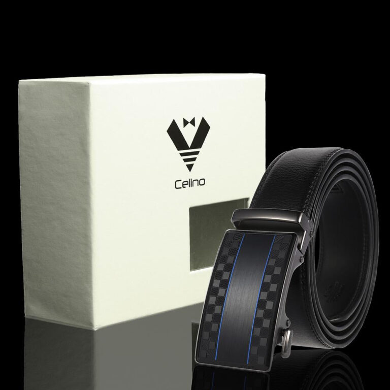 Black Buckle & Black Belt Adjustable Ratchet Slide Buckle Belt for Men - Genuine Leather Automatic - Celino Corp.