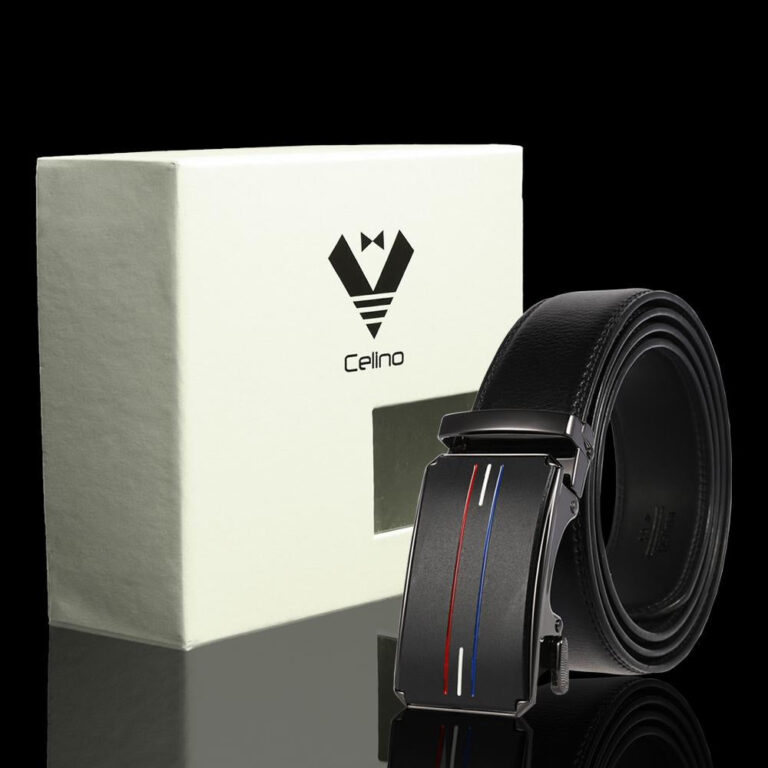 Black Buckle & Black Belt Adjustable Ratchet Slide Buckle Belt for Men - Genuine Leather Automatic - Celino Corp.