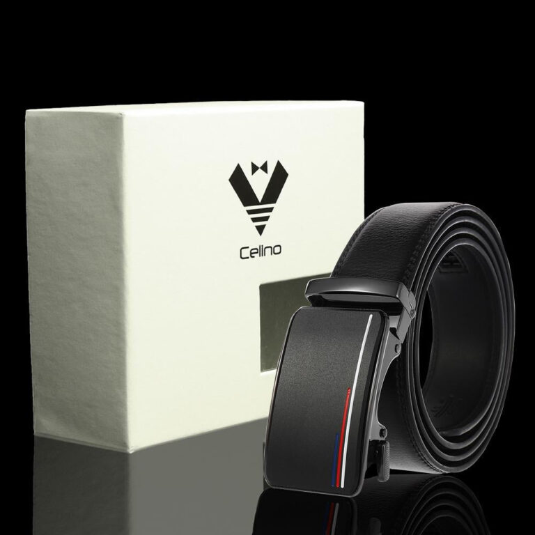 Black Buckle & Black Belt Adjustable Ratchet Slide Buckle Belt for Men - Genuine Leather Automatic - Celino Corp.