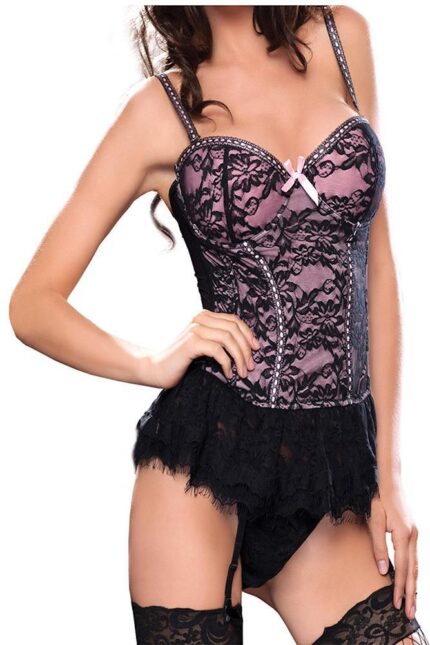 Pink Transparent Womens 2 Piece Sexy Lace Corset Lingerie Set - Push Up Sexy Bustier with G-String - Celino Corp.