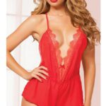 Red Deep V Neck 1 Piece Womens Hot Lace Babydolls Sets - Low Cut Chemise Lingerie Set Sleepwear