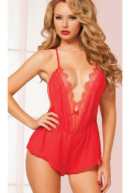 Red Deep V Neck 1 Piece Womens Hot Lace Babydolls Sets - Low Cut Chemise Lingerie Set Sleepwear