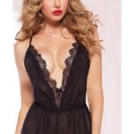 Black Deep V Neck 1 Piece Womens Hot Dress Lace Fishnet Teddies - Sleepwear Lingerie Bodysuits