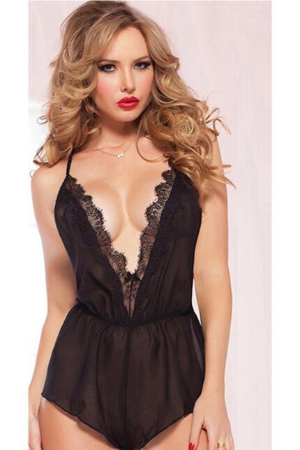 Black Deep V Neck 1 Piece Womens Hot Dress Lace Fishnet Teddies - Sleepwear Lingerie Bodysuits