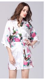 White Floral Printed Sleepwear for Women - 1 Piece Nightwear with Belt - Image 2