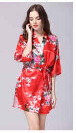 Red Floral Printed Sleepwear for Women - 1 Piece Nightwear with Belt - Image 3