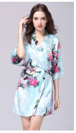 Sky Blue Floral Printed Sleepwear for Women - 1 Piece Nightwear with Belt - Image 3